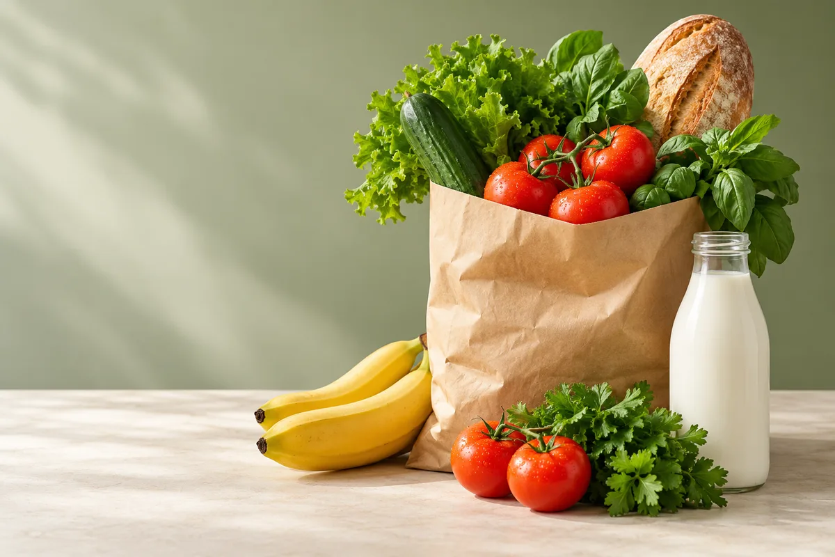 Taze sebzeler, ekmek ve süt bulunan temsili market alışverişi
